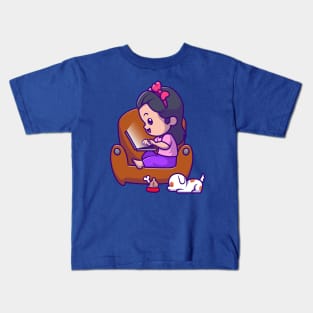 Cute Girl Operating Laptop With Puppy Cartoon Kids T-Shirt